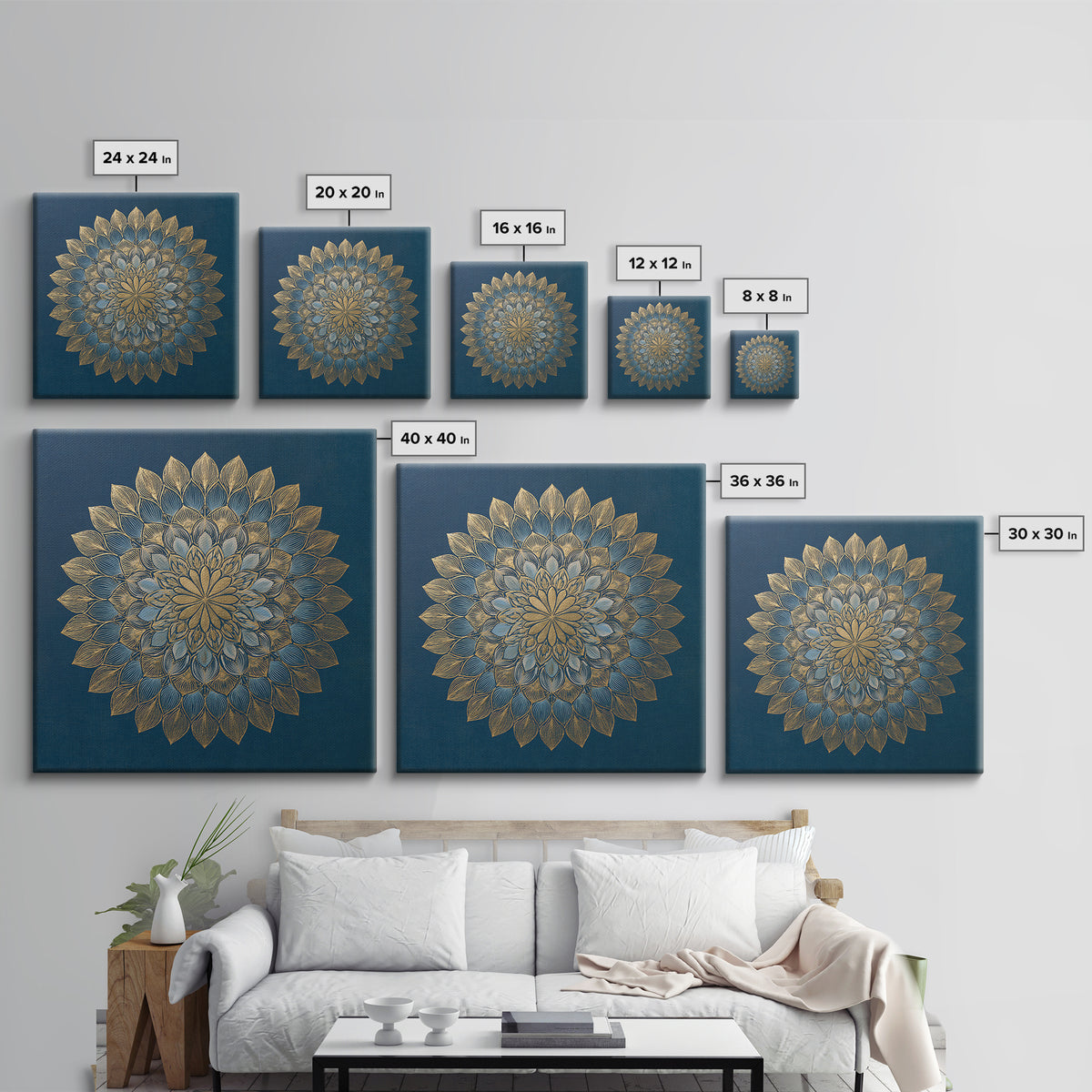 Gold Mandala on Deep Blue Background Framed Canvas Print, Spiritual Art, Art Prints, Living Room Decor, Oil Painting, Spirit, SPI-1x1-28