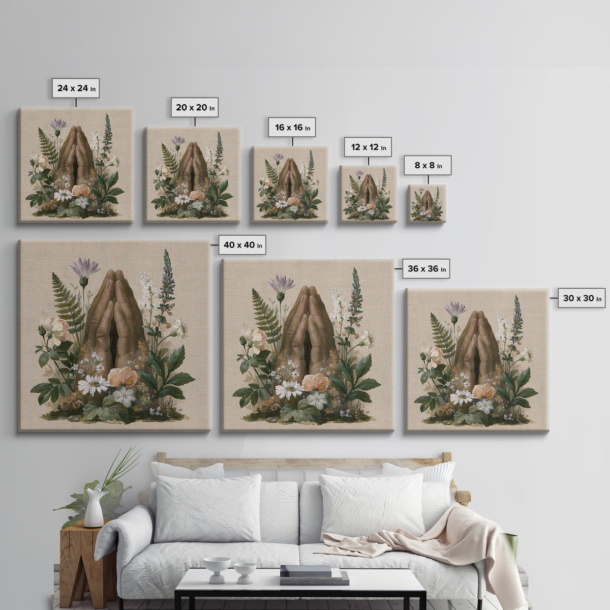 Prayer Hands with Botanical Details Framed Canvas Print, Spiritual Art, Printable Wall Art, Living Room Decor, Fine Art, Spirit, SPI-1x1-33