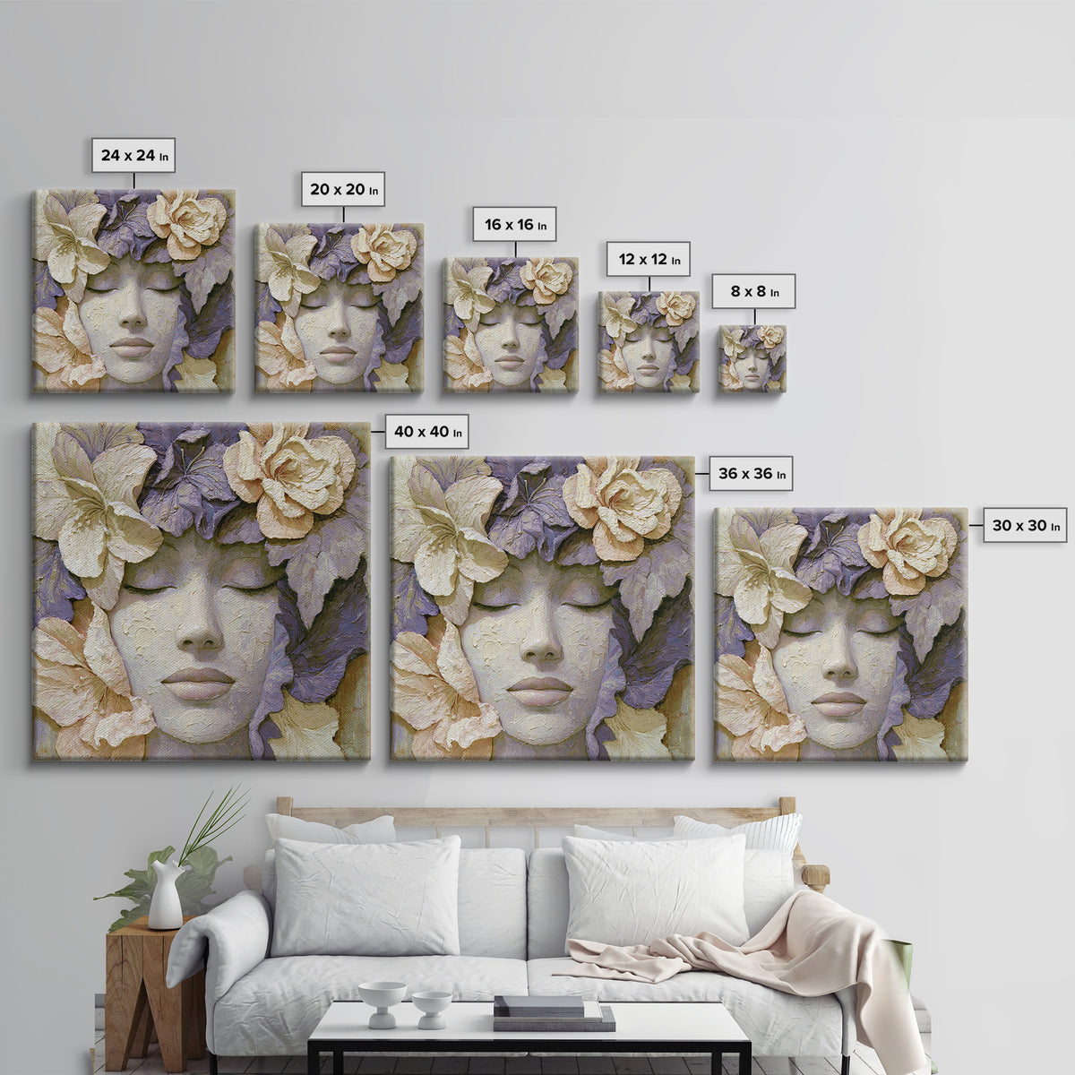 Serene Face with Closed Eyes and Flowers Canvas Print, Spiritual Art, Digital Art, Living Room Decor, Watercolor Art, Spirit, SPI-1x1-36
