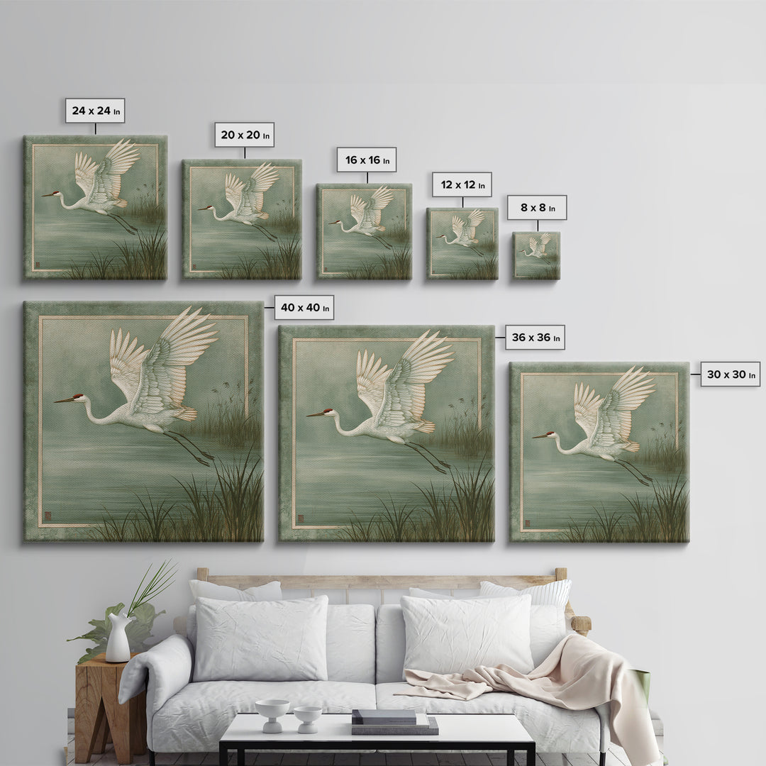 White Crane Flying Framed Canvas Print, Spiritual Art, Room Decor, Living Room Decor, Oil Painting, Spirit, Digital Print, SPI-1x1-48