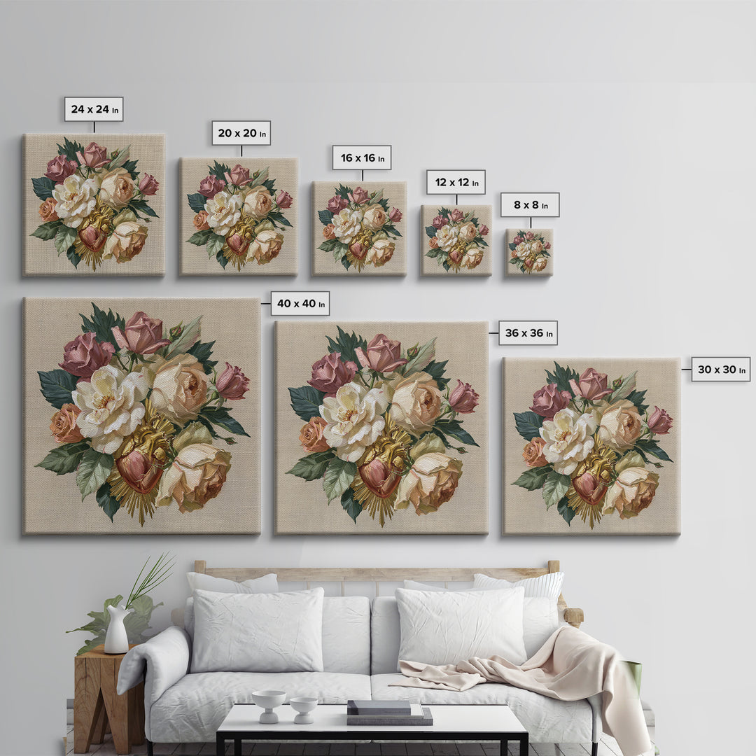 Sacred Heart with Roses and Gold Rays Framed Canvas Print, Spiritual Art, Textured Painting, Living Room Decor, Spirit, SPI-1x1-62