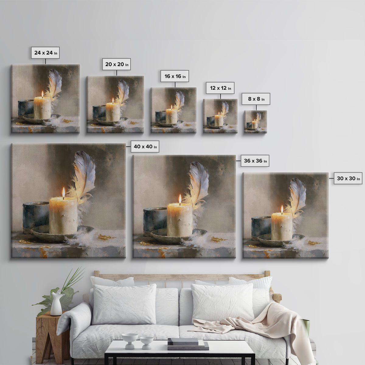 Candle and Feather Still Life Framed Canvas Print, Spiritual Art, Minimalist Wall Art, Living Room Decor, Fine Art, Spirit, SPI-1x1-68
