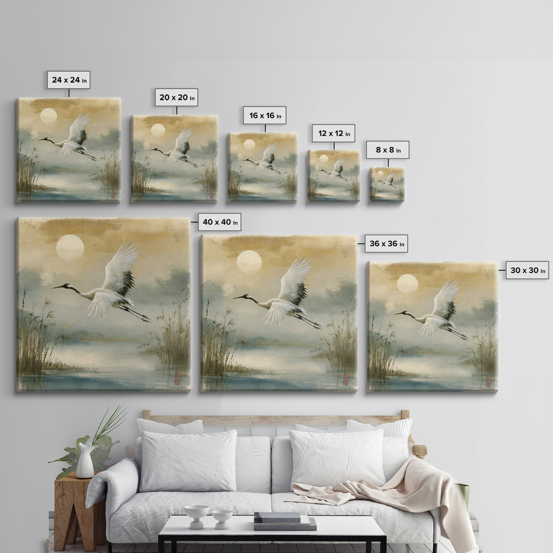 White Crane Flying Framed Canvas Print, Spiritual Art, Contemporary Art, Living Room Decor, Fine Art, Spirit, Minimalist Decor, SPI-1x1-72