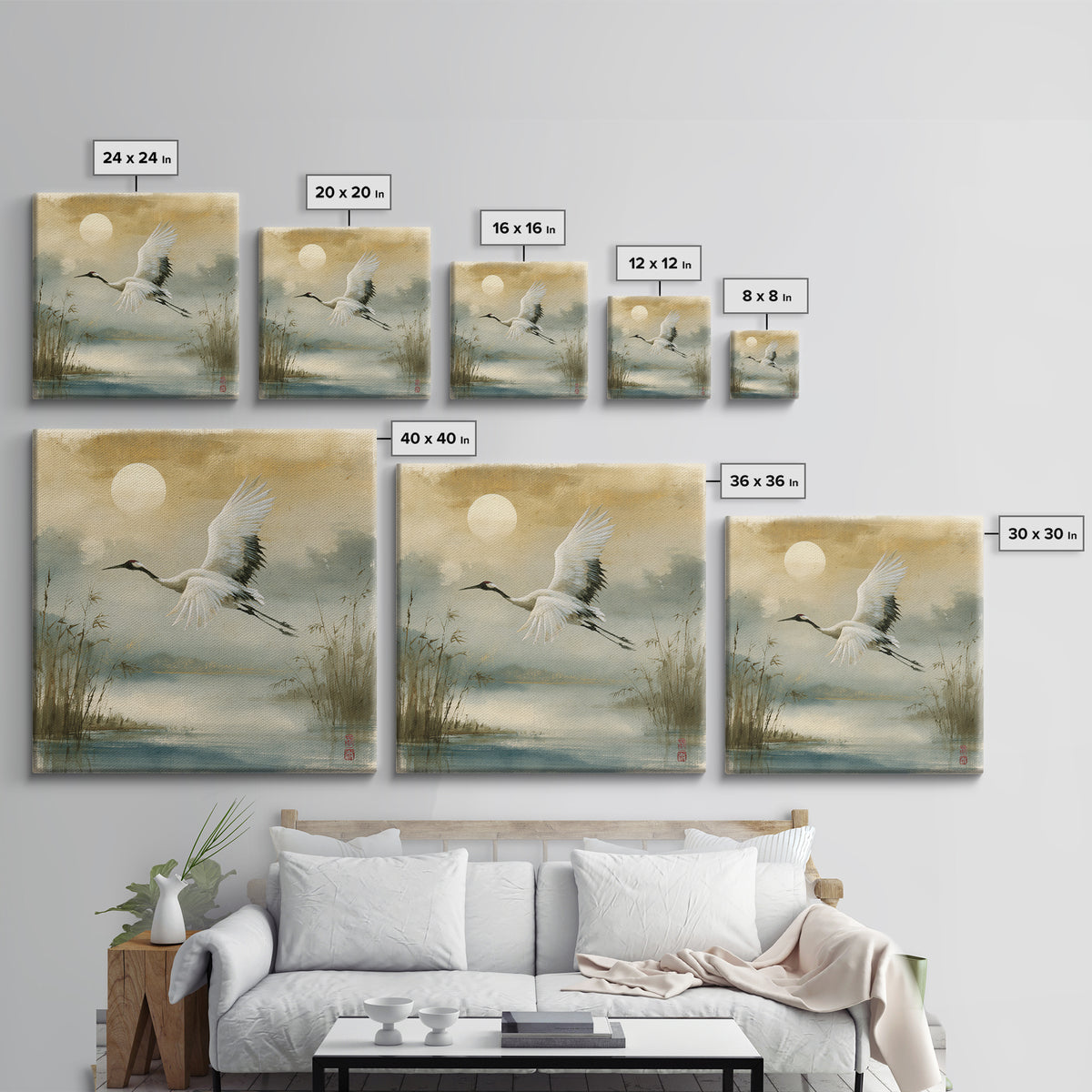 White Crane Flying Framed Canvas Print, Spiritual Art, Contemporary Art, Living Room Decor, Fine Art, Spirit, Minimalist Decor, SPI-1x1-72