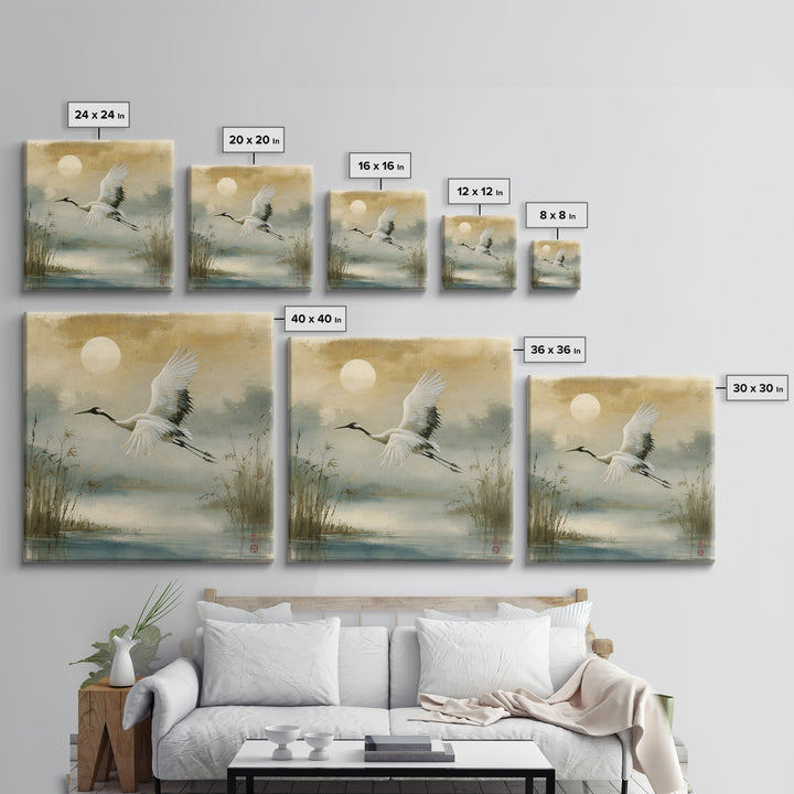 White Crane Flying Framed Canvas Print, Spiritual Art, Contemporary Art, Living Room Decor, Fine Art, Spirit, Minimalist Decor, SPI-1x1-72