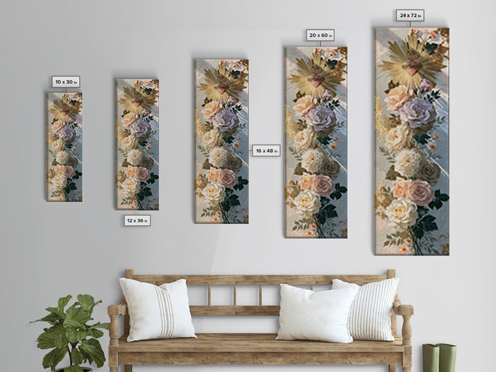 Sacred Heart with Roses and Gold Rays Canvas Print, Spiritual Art, Luxury Decor, Living Room Decor, Fine Art, Spirit, SPI-1x3-2