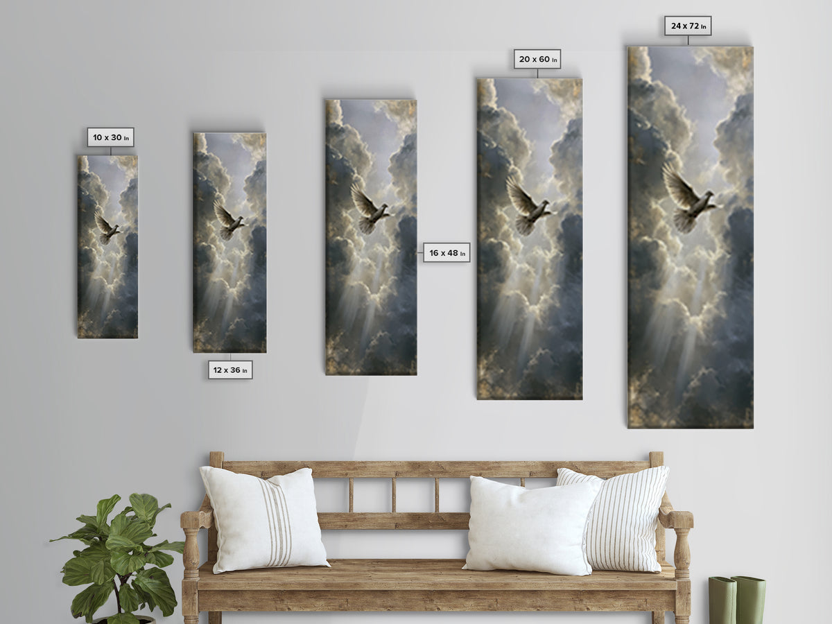 Dove Flying Through Radiant Clouds Canvas Print, Spiritual Art, Textured Painting, Living Room Decor, Fine Art, Spirit, SPI-1x3-41
