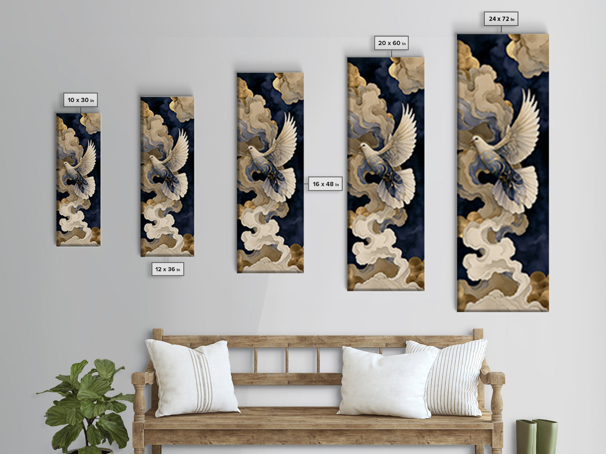 Dove Flying Through Radiant Clouds Canvas Print, Spiritual Art, Boho Wall Art, Living Room Decor, Spirit, Modern Decor, SPI-1x3-65