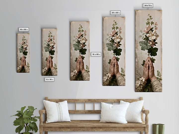 Prayer Hands with Botanical Details Framed Canvas Print, Spiritual Art, Canvas Wall Art, Living Room Decor, Watercolor Art, SPI-1x3-69
