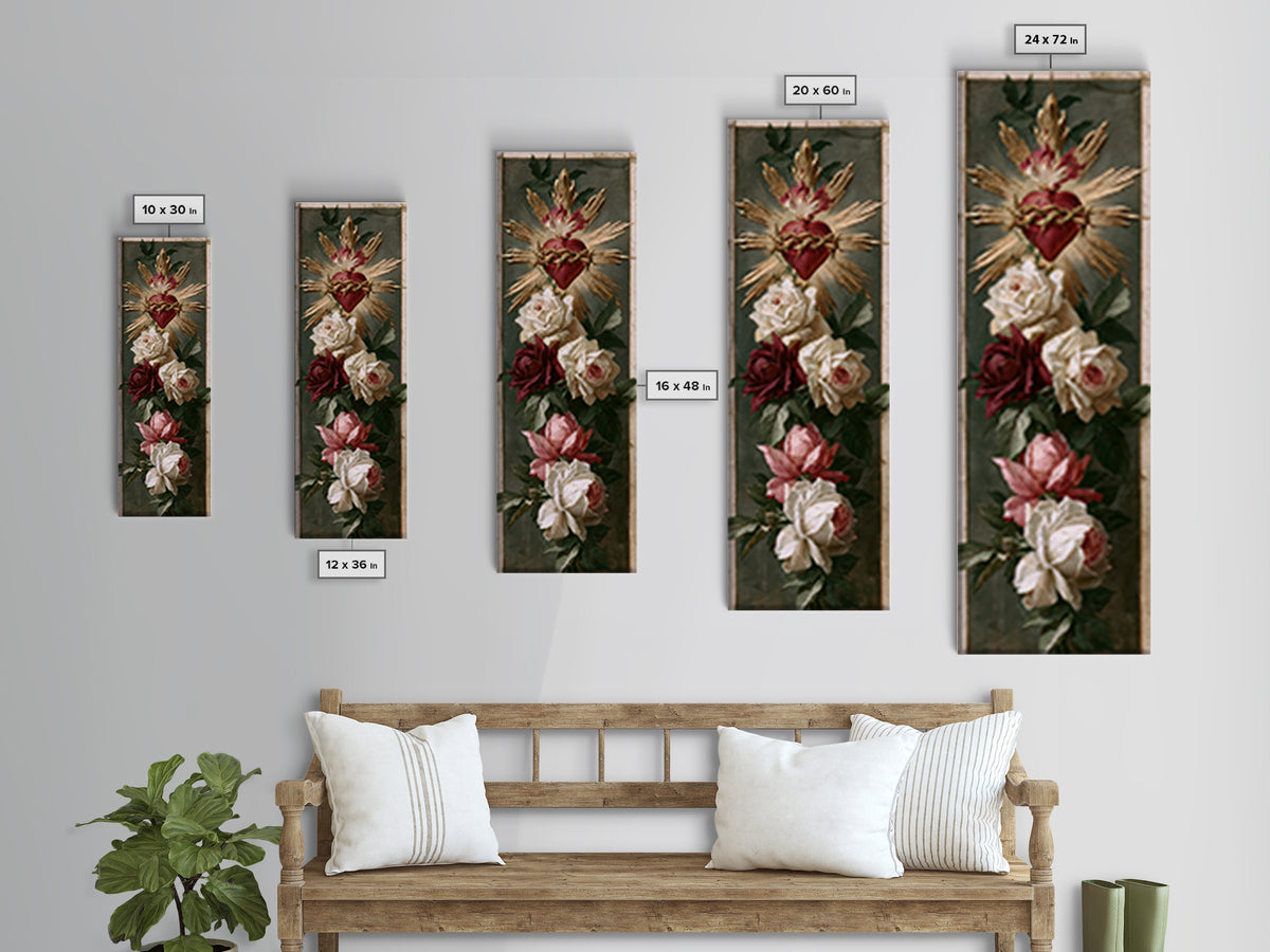 Sacred Heart with Roses and Gold Rays Canvas Print, Spiritual Art, Art Print, Living Room Decor, Spirit, Boho Wall Art, SPI-1x3-98