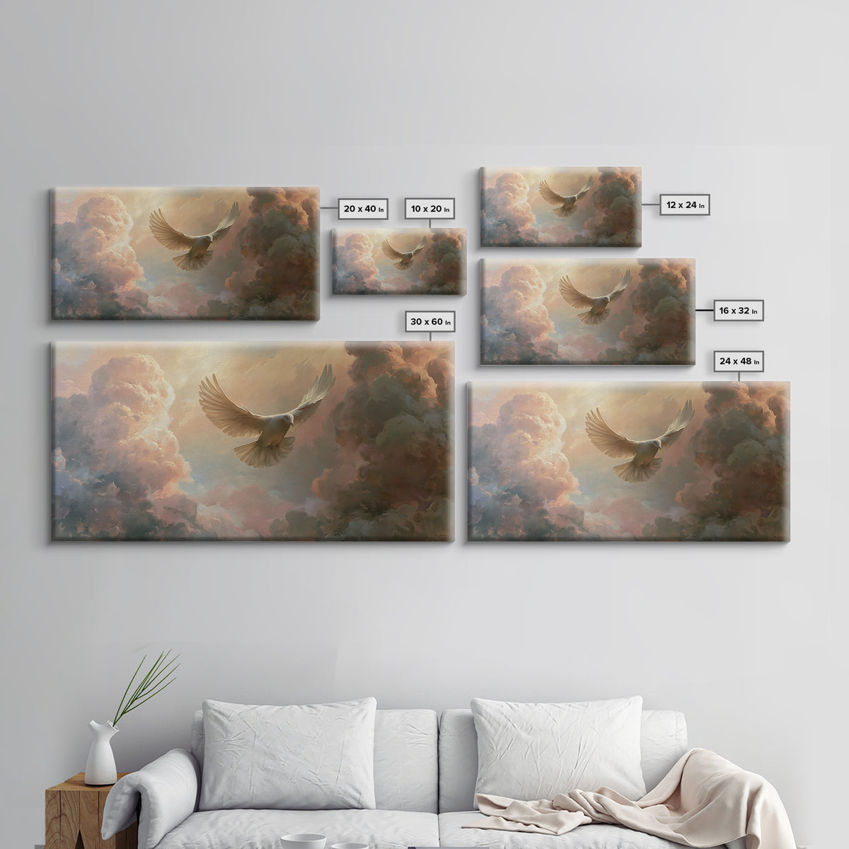 Dove Flying Through Radiant Clouds Framed Canvas Print, Spiritual Art, Funky Wall Art, Living Room Decor, Fine Art, Spirit, SPI-2x1-1