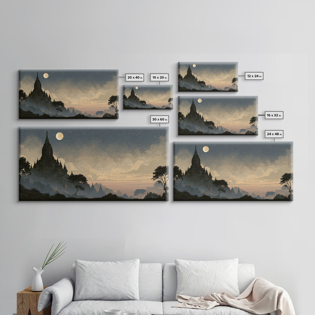 Ancient Temple Silhouette Framed Canvas Print, Spiritual Art, Living Room Decor, Watercolor Art, Spirit, Abstract Wall Art, SPI-2x1-15