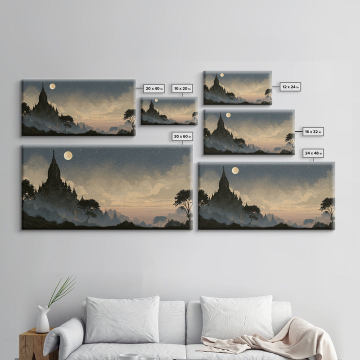 Ancient Temple Silhouette Framed Canvas Print, Spiritual Art, Living Room Decor, Watercolor Art, Spirit, Abstract Wall Art, SPI-2x1-15