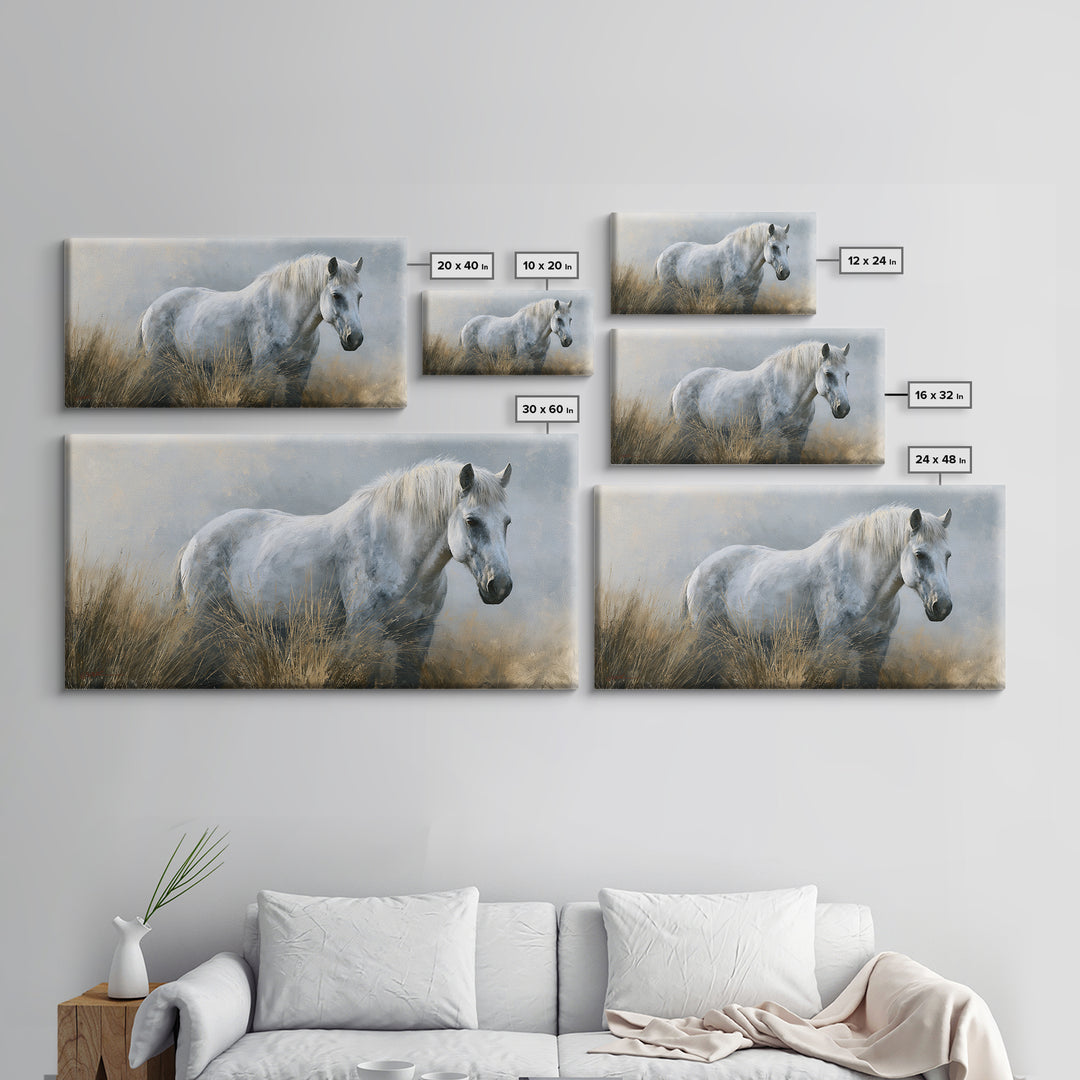 White Horse in Misty Sacred Landscape Framed Canvas Print, Spiritual Art, Art Print, Living Room Decor, Oil Painting, Spirit, SPI-2x1-30