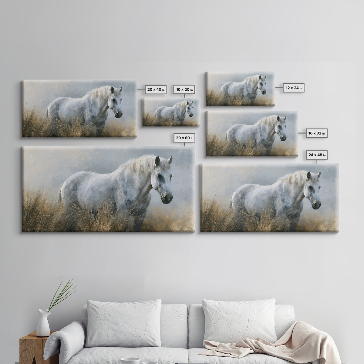 White Horse in Misty Sacred Landscape Framed Canvas Print, Spiritual Art, Art Print, Living Room Decor, Oil Painting, Spirit, SPI-2x1-30