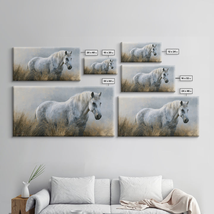 White Horse in Misty Sacred Landscape Framed Canvas Print, Spiritual Art, Art Print, Living Room Decor, Oil Painting, Spirit, SPI-2x1-30