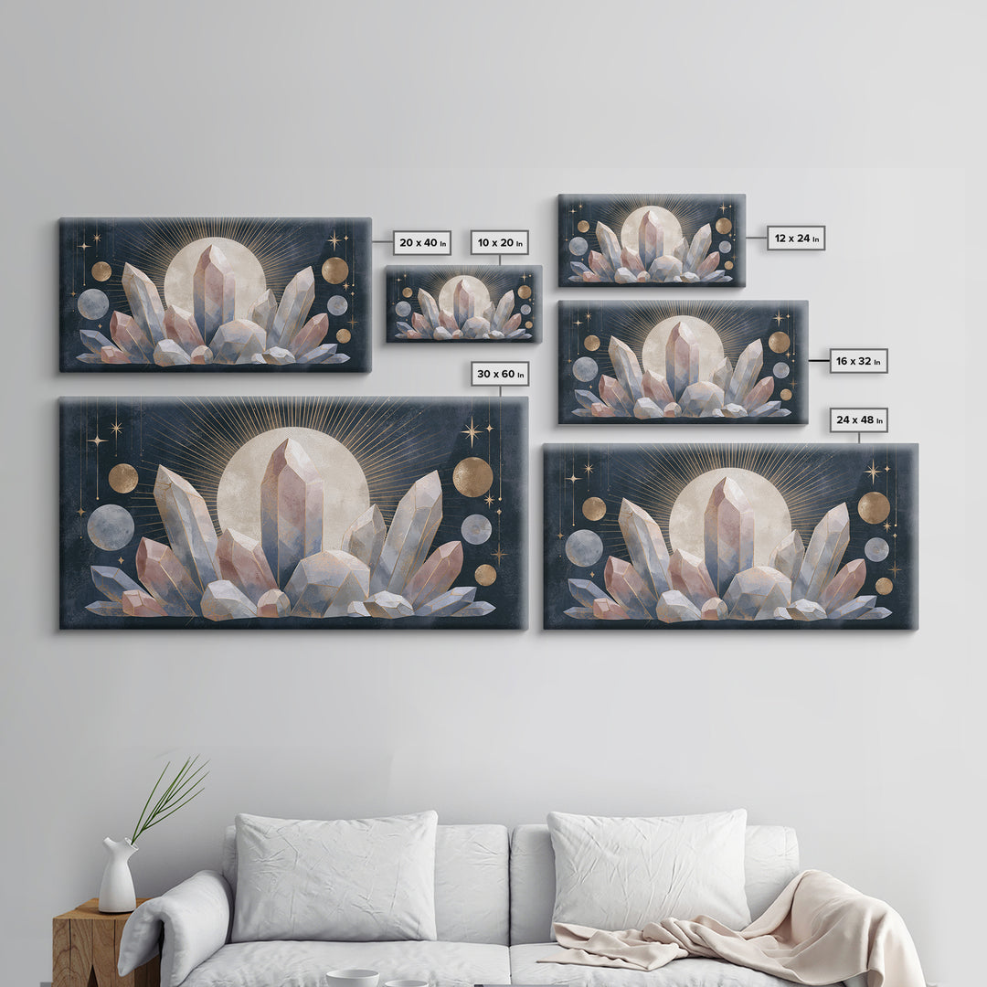 Crystal Cluster with Moonlight Reflections Framed Canvas Print, Spiritual Art, Digital Print, Living Room Decor, Spirit, SPI-2x1-33