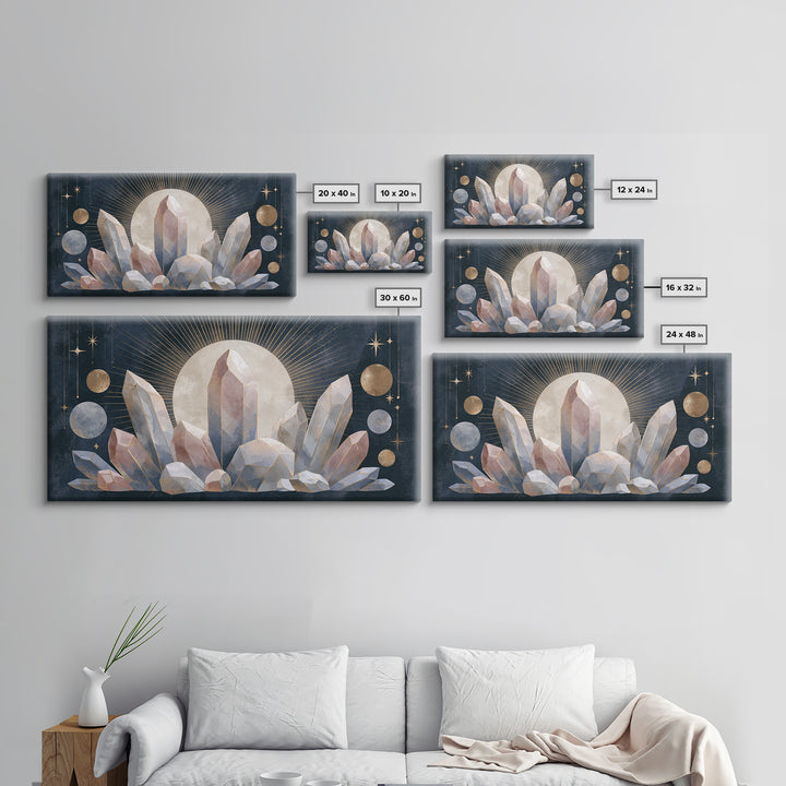 Crystal Cluster with Moonlight Reflections Framed Canvas Print, Spiritual Art, Digital Print, Living Room Decor, Spirit, SPI-2x1-33
