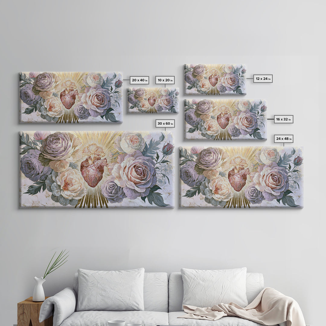 Sacred Heart with Roses and Gold Rays Canvas Print, Spiritual Art, Framed Wall Art, Living Room Decor, Fine Art, Spirit, SPI-2x1-58