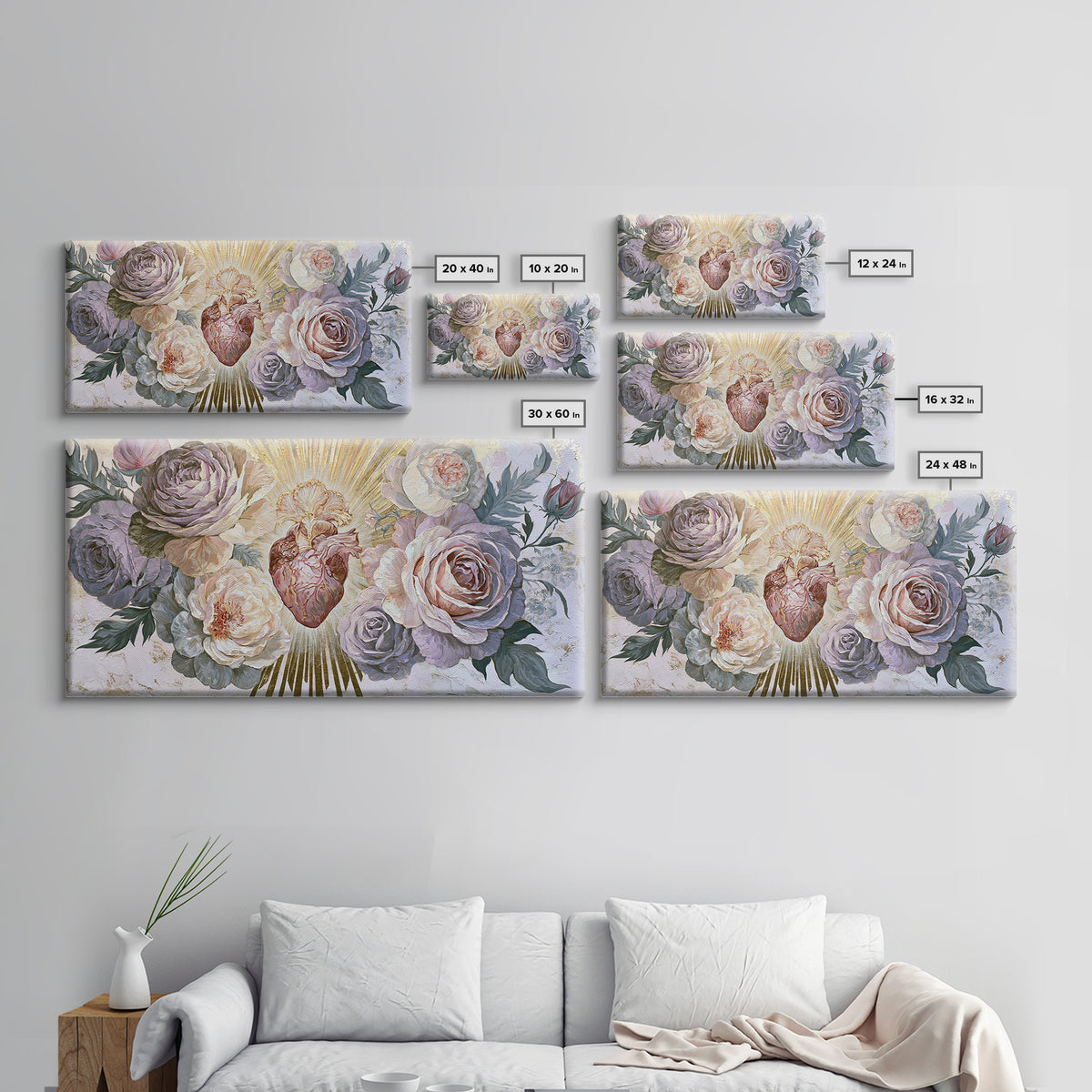 Sacred Heart with Roses and Gold Rays Canvas Print, Spiritual Art, Framed Wall Art, Living Room Decor, Fine Art, Spirit, SPI-2x1-58