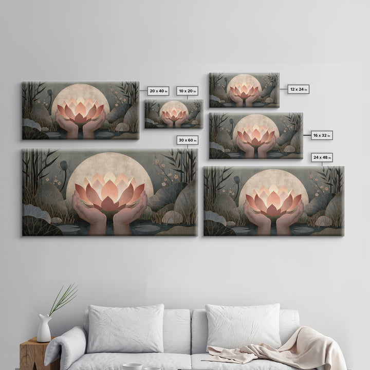 Hands Holding a Glowing Lotus Canvas Print, Spiritual Art, Neutral Decor, Living Room Decor, Abstract Art, Spirit, Wall Decor, SPI-2x1-71