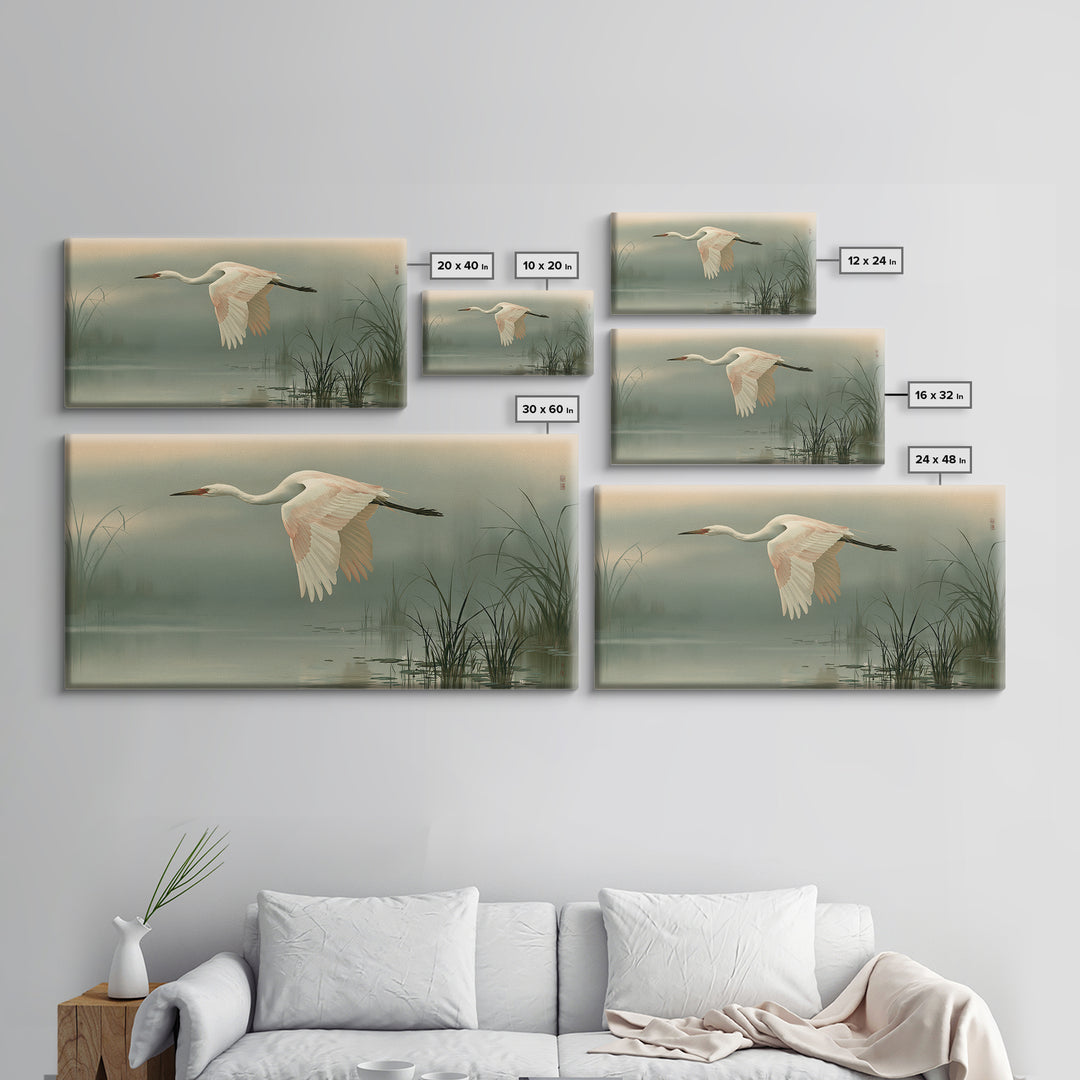 White Crane Flying Framed Canvas Print, Spiritual Art, Black Art, Living Room Decor, Fine Art, Spirit, Christian Decor, SPI-2x1-92