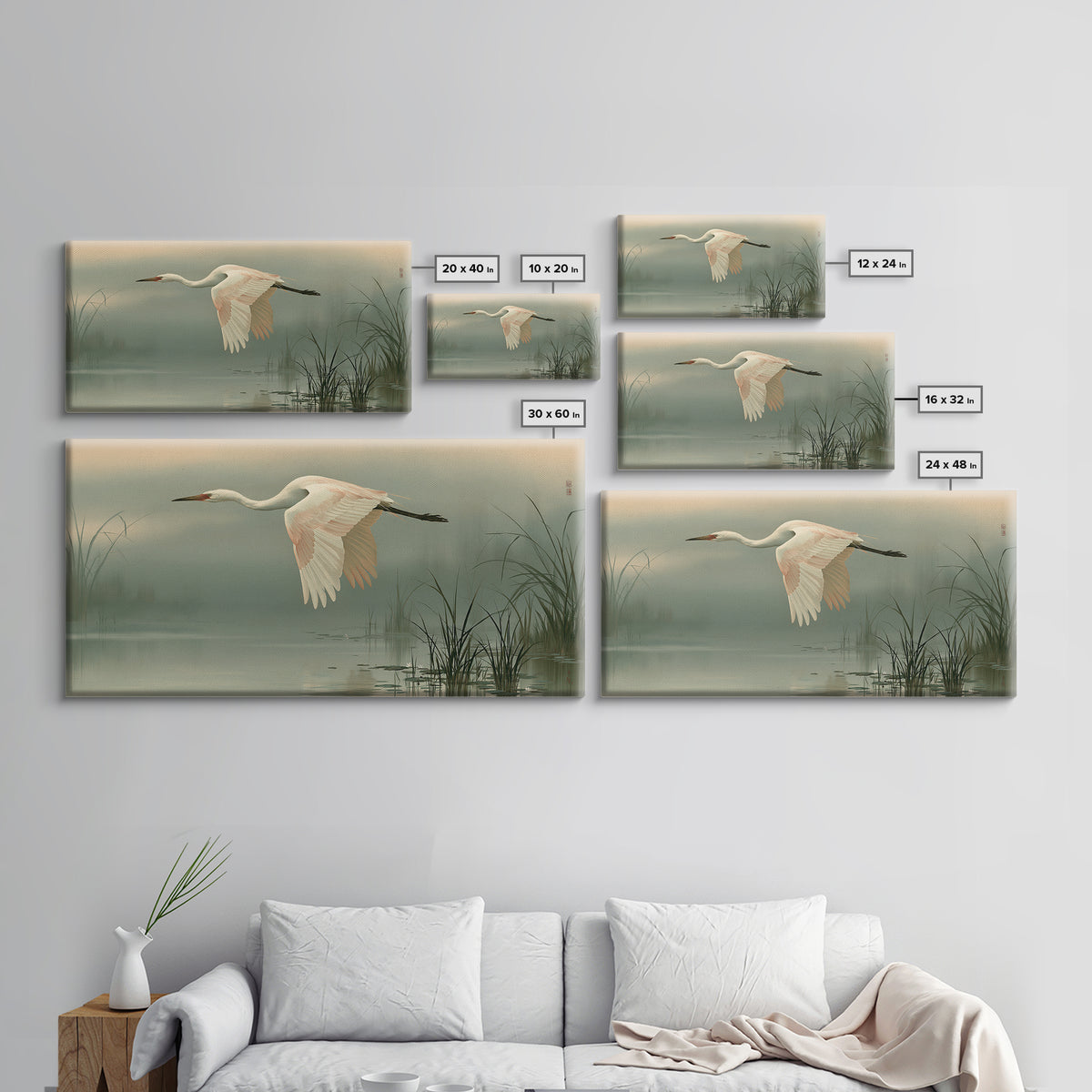 White Crane Flying Framed Canvas Print, Spiritual Art, Black Art, Living Room Decor, Fine Art, Spirit, Christian Decor, SPI-2x1-92