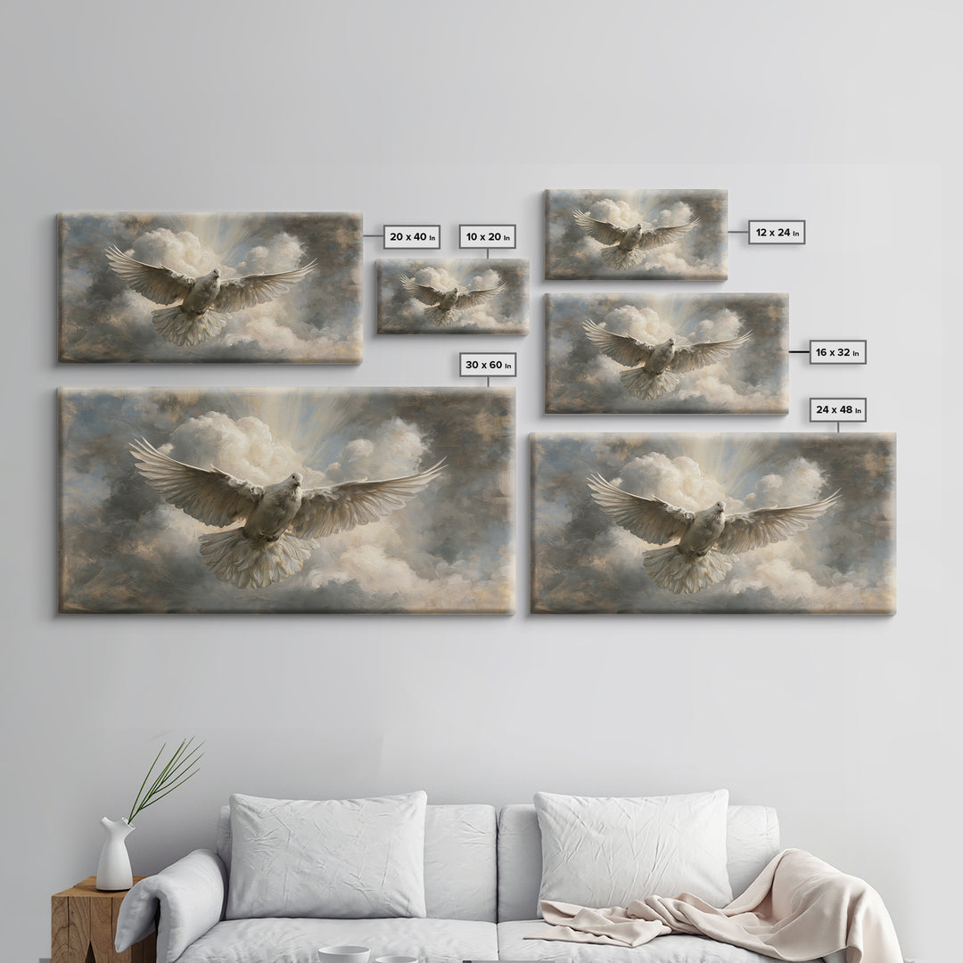 Dove Flying Through Radiant Clouds Framed Canvas Print, Spiritual Art, Modern Decor, Living Room Decor, Fine Art, Spirit, SPI-2x1-97