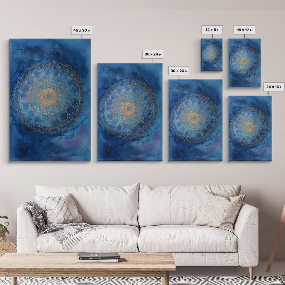 Gold Mandala on Deep Blue Background Framed Canvas Print, Spiritual Art, Digital Prints, Living Room Decor, Watercolor Art, SPI-2x3-36