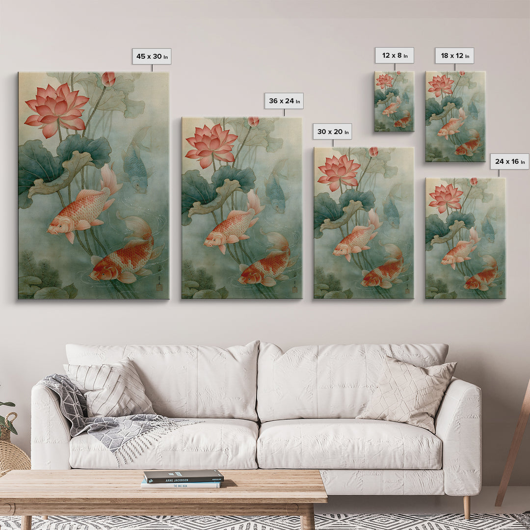 Lotus and Koi Canvas Print, Spiritual Art, Framed Wall Art, Living Room Decor, Fine Art, Spirit, Digital Poster, SPI-2x3-50