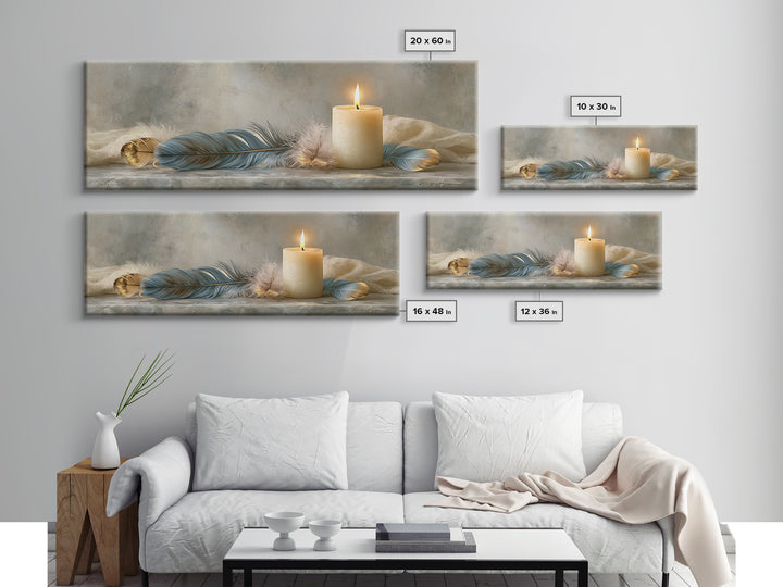 Candle and Feather Still Life Framed Canvas Print, Spiritual Art, Digital Poster, Living Room Decor, Fine Art, Spirit, SPI-3x1-12