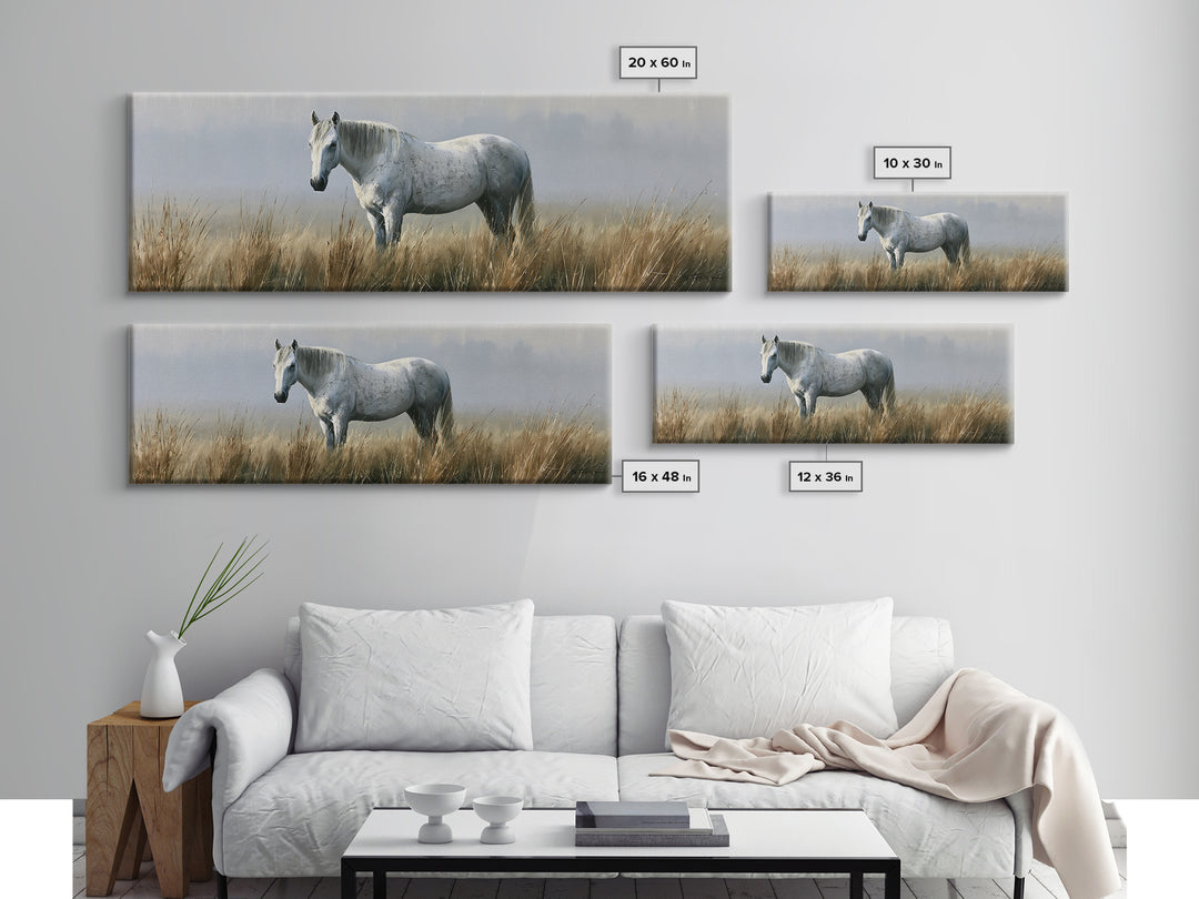 White Horse in Misty Sacred Landscape Framed Canvas Print, Spiritual Art, Abstract Wall Art, Living Room Decor, Spirit, SPI-3x1-2