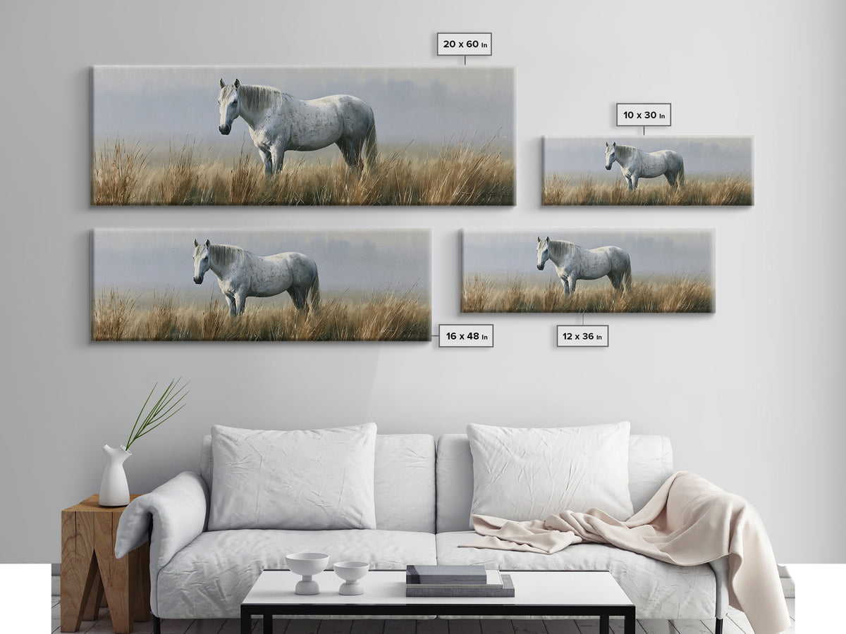 White Horse in Misty Sacred Landscape Framed Canvas Print, Spiritual Art, Abstract Wall Art, Living Room Decor, Spirit, SPI-3x1-2