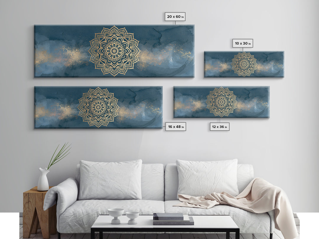 Gold Mandala on Deep Blue Background Canvas Print, Spiritual Art, Christian Decor, Living Room Decor, Fine Art, Spirit, SPI-3x1-20