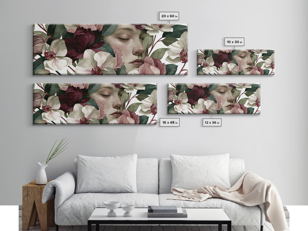 Serene Face with Closed Eyes and Flowers Canvas Print, Spiritual Art, Canvas Painting, Living Room Decor, Watercolor Art, SPI-3x1-4