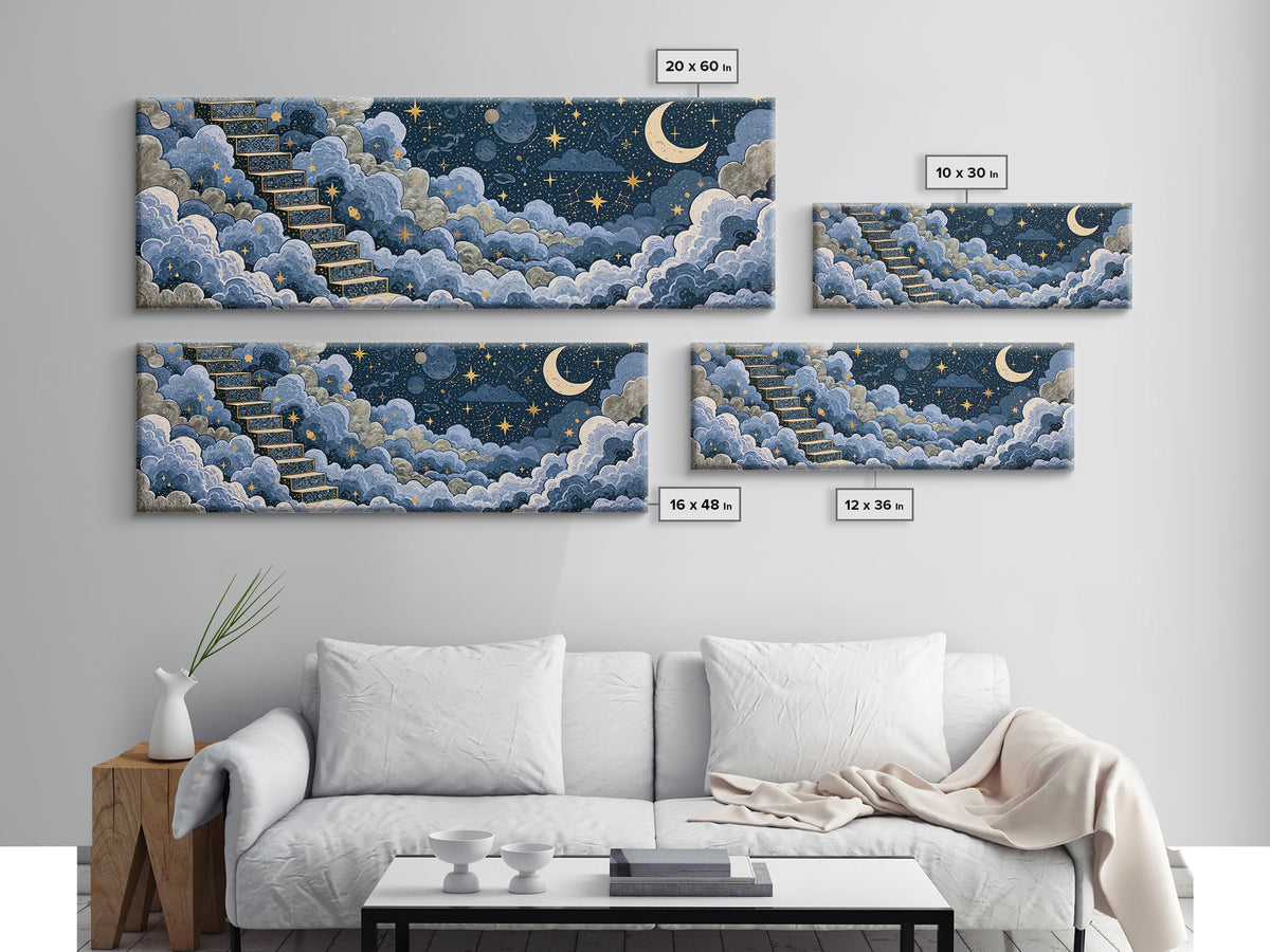 Celestial Staircase Through Clouds Framed Canvas Print, Spiritual Art, Wall Art, Living Room Decor, Fine Art, Spirit, SPI-3x1-81
