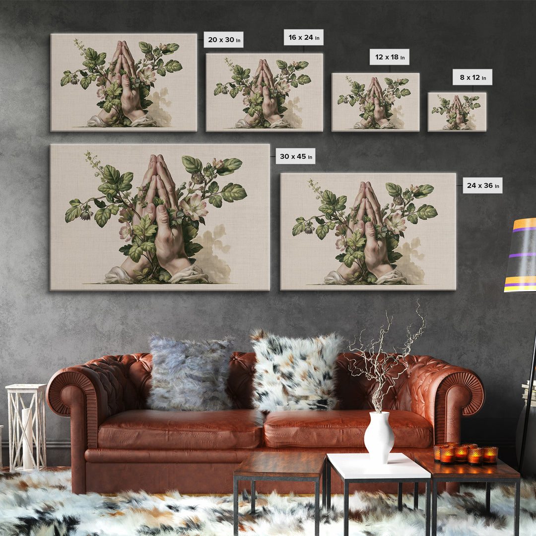 Prayer Hands with Botanical Details Framed Canvas Print, Spiritual Art, Living Room Decor, Watercolor Art, Spirit, SPI-3x2-13