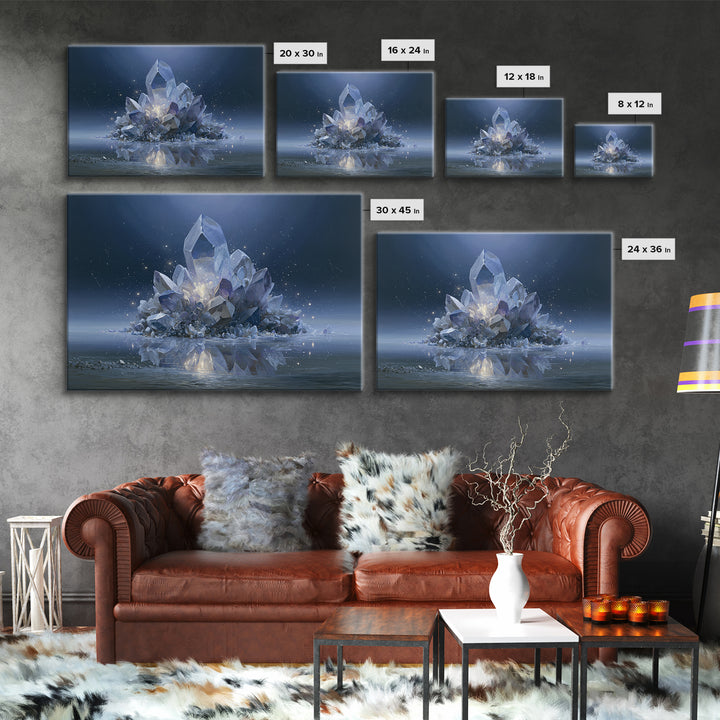 Crystal Cluster with Moonlight Reflections Framed Canvas Print, Spiritual Art, Living Room Decor, Watercolor Art, Spirit, SPI-3x2-41