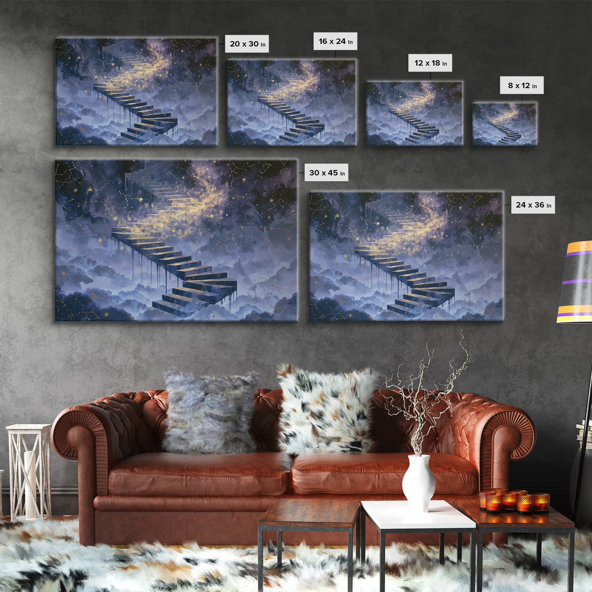 Celestial Staircase Through Clouds Framed Canvas Print, Spiritual Art, Room Decor, Living Room Decor, Fine Art, Spirit, SPI-3x2-45