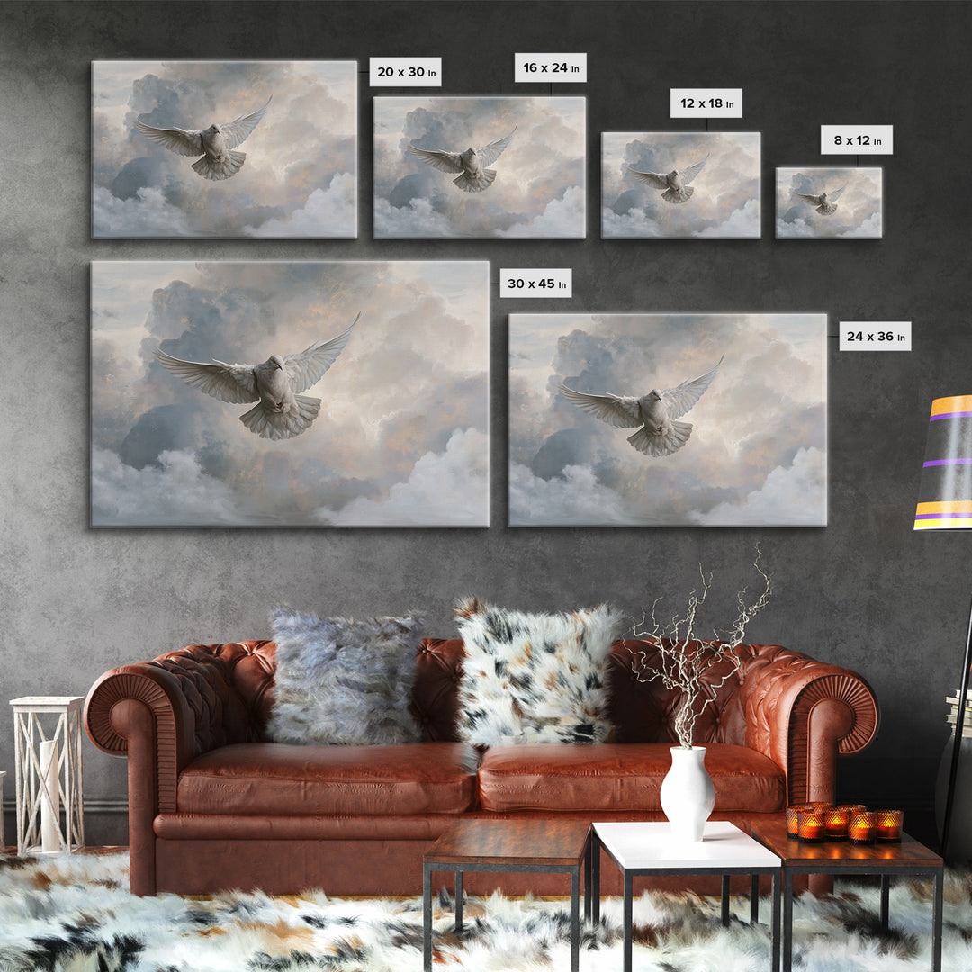 Dove Flying Through Radiant Clouds Canvas Print, Spiritual Art, Poster, Living Room Decor, Fine Art, Spirit, Framed Wall Art, SPI-3x2-57