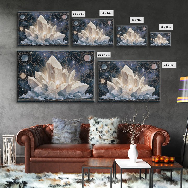 Crystal Cluster with Moonlight Reflections Framed Canvas Print, Spiritual Art, Living Room Decor, Watercolor Art, Spirit, SPI-3x2-65