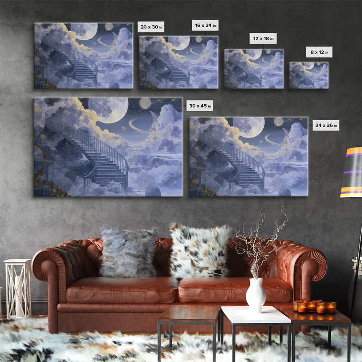 Celestial Staircase Through Clouds Framed Canvas Print, Spiritual Art, Room Decor, Living Room Decor, Fine Art, Spirit, SPI-3x2-69