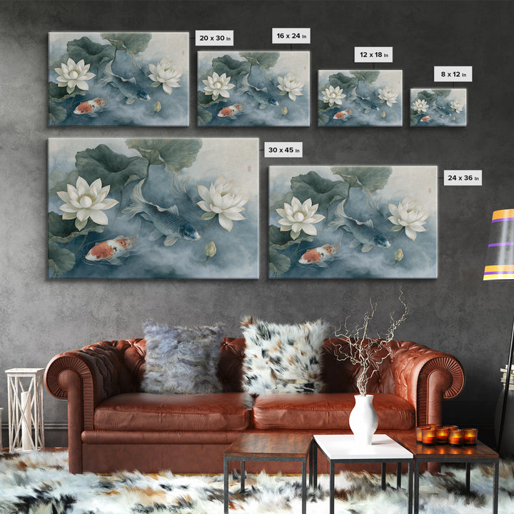 Lotus and Koi Framed Canvas Print, Spiritual Art, Neutral Decor, Living Room Decor, Fine Art, Spirit, Digital Prints, SPI-3x2-70