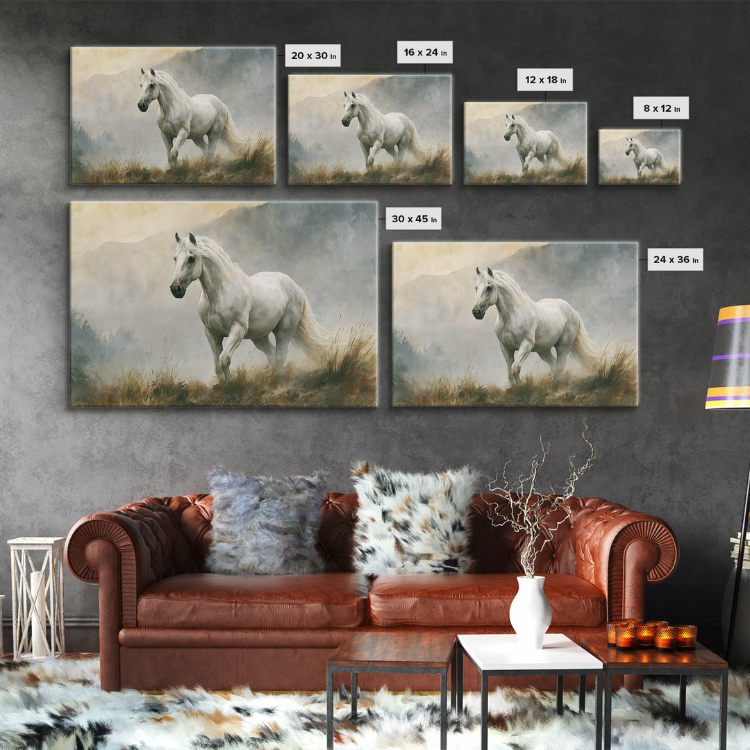 White Horse in Misty Sacred Landscape Framed Canvas Print, Spiritual Art, Boho Decor, Living Room Decor, Fine Art, Spirit, SPI-3x2-86