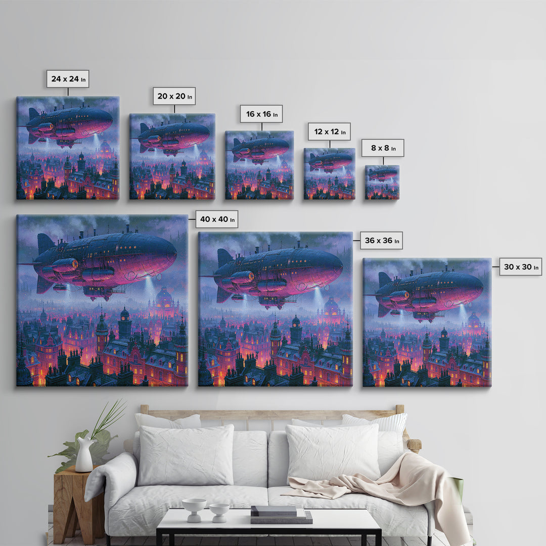 Airship Floating Above Victorian City Roofs Framed Canvas Print, Steampunk Art, Modern Art, Living Room Decor, Mechanic, STE-1x1-2