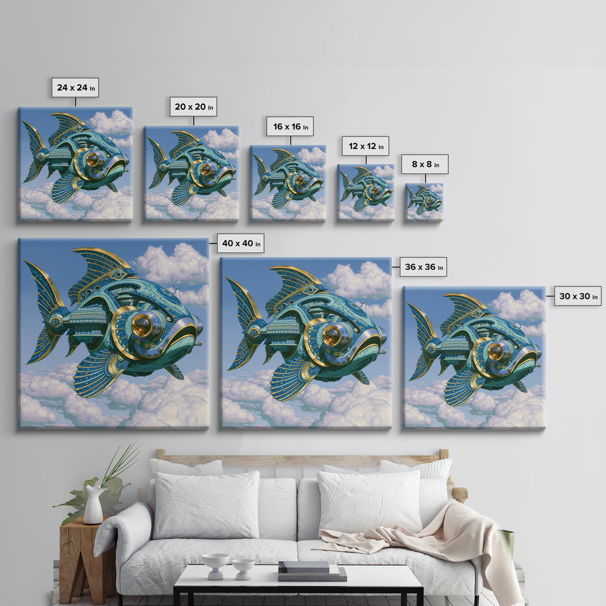 Mechanical Fish Swimming Through Clouds Canvas Print, Steampunk Art, Cat Art, Living Room Decor, Oil Painting, Mechanic, STE-1x1-22