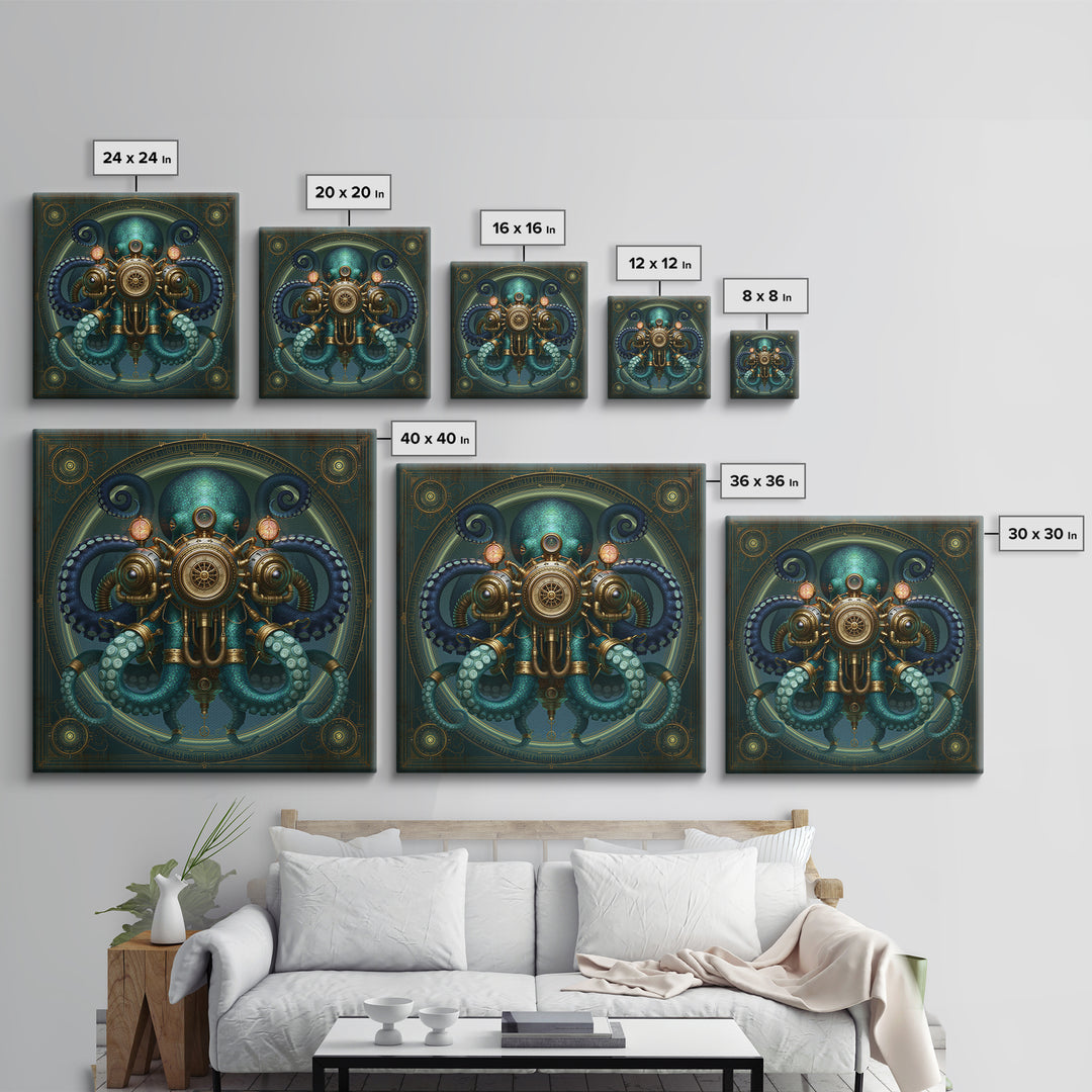 Steampunk Octopus with Brass Tentacles Framed Canvas Print, Steampunk Art, Textured Painting, Living Room Decor, Mechanic, STE-1x1-29