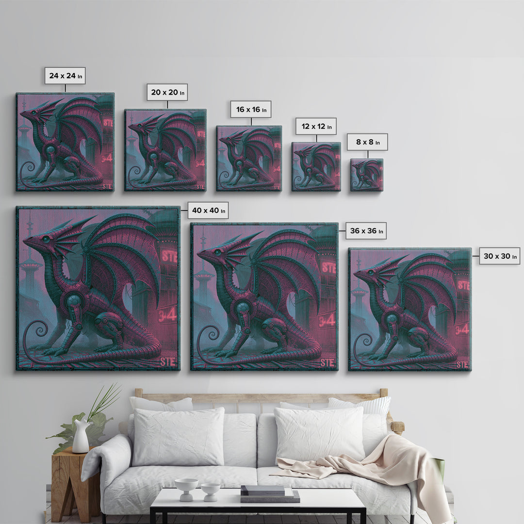 Copper Dragon with Riveted Wings Framed Canvas Print, Steampunk Art, Abstract Art Print, Living Room Decor, Watercolor Art, STE-1x1-34