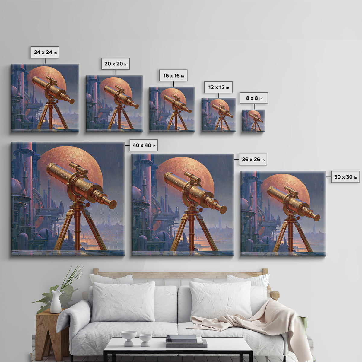 Brass Telescope Aimed at Copper Moon Framed Canvas Print, Steampunk Art, Wall Decor, Living Room Decor, Fine Art, Mechanic, STE-1x1-48