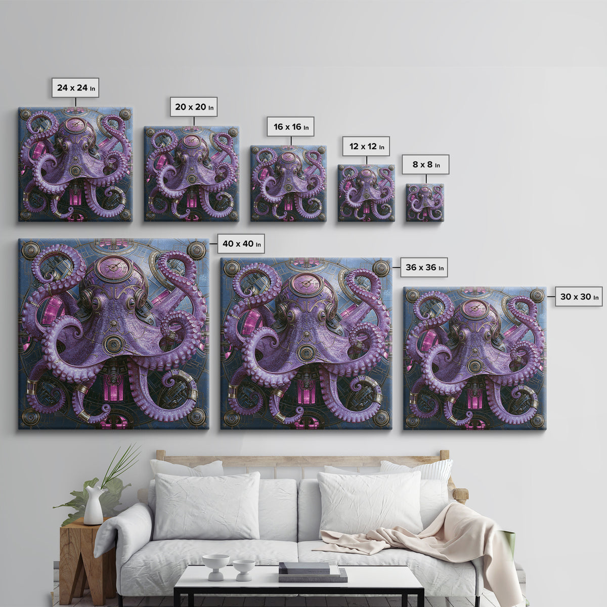 Steampunk Octopus with Brass Tentacles Canvas Print, Steampunk Art, Fine Art Print, Living Room Decor, Fine Art, Mechanic, STE-1x1-5